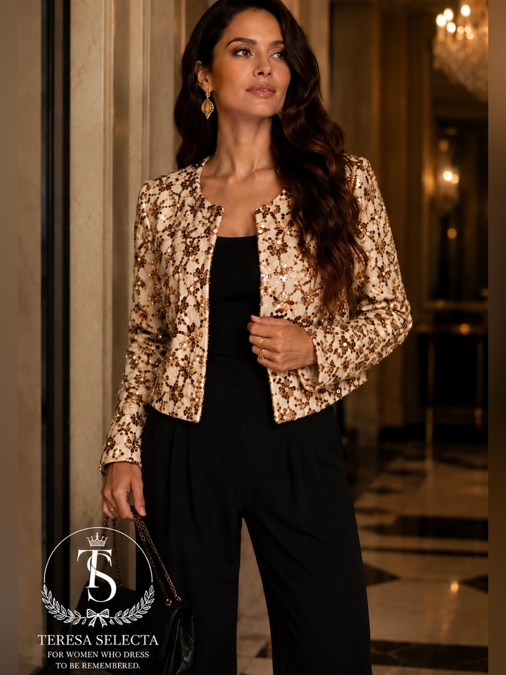 NWT Adore Gold Ivory Sequin Cropped Jacket Open Front Party Blazer Large